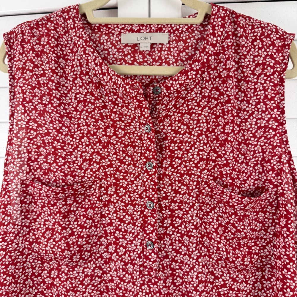 LOFT Sleeveless Blouse Women XXL Red Floral Henley Shell Pocket Top - Picture 2 of 16